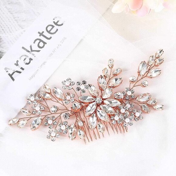 🆕Women Gold Flower Crystal Hair Comb Accessories with Pearl Side Comb Headpiece - Picture 1 of 7